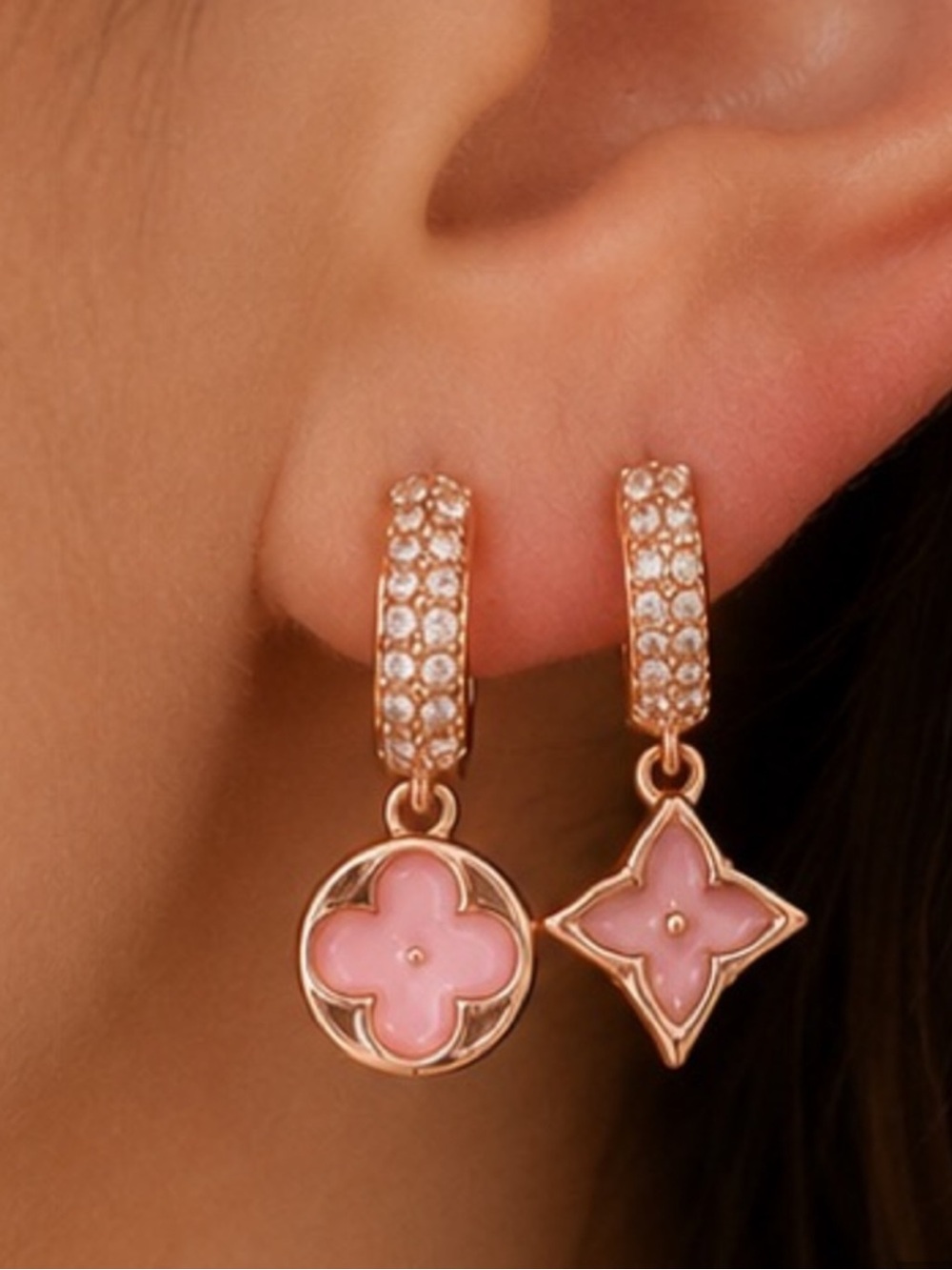 Luxe Rose-Gold Hoops with Pink Enamel Clover & Star Drops